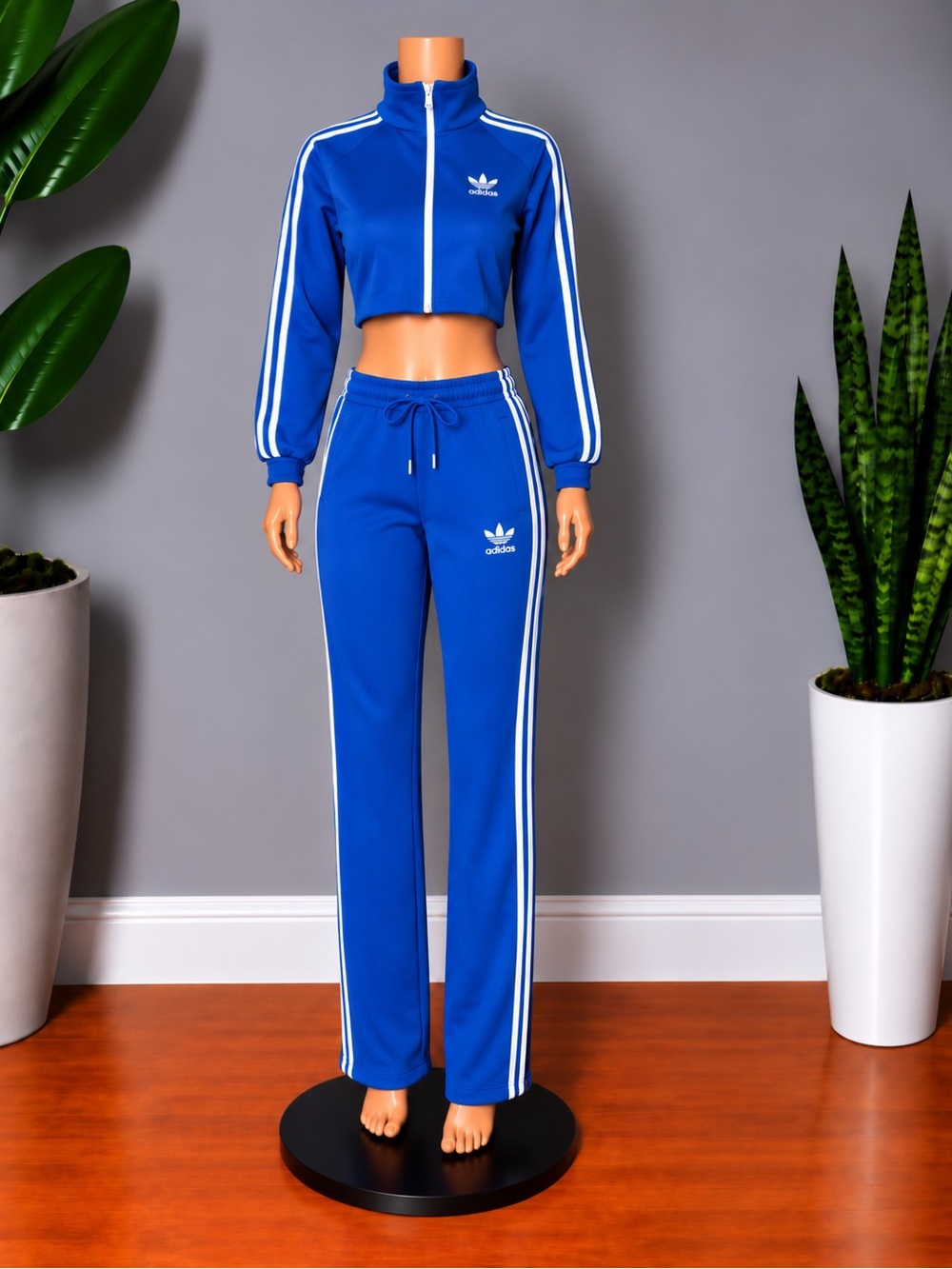 adidas Royal Blue Cropped Track Jacket & Drawstring Joggers Set